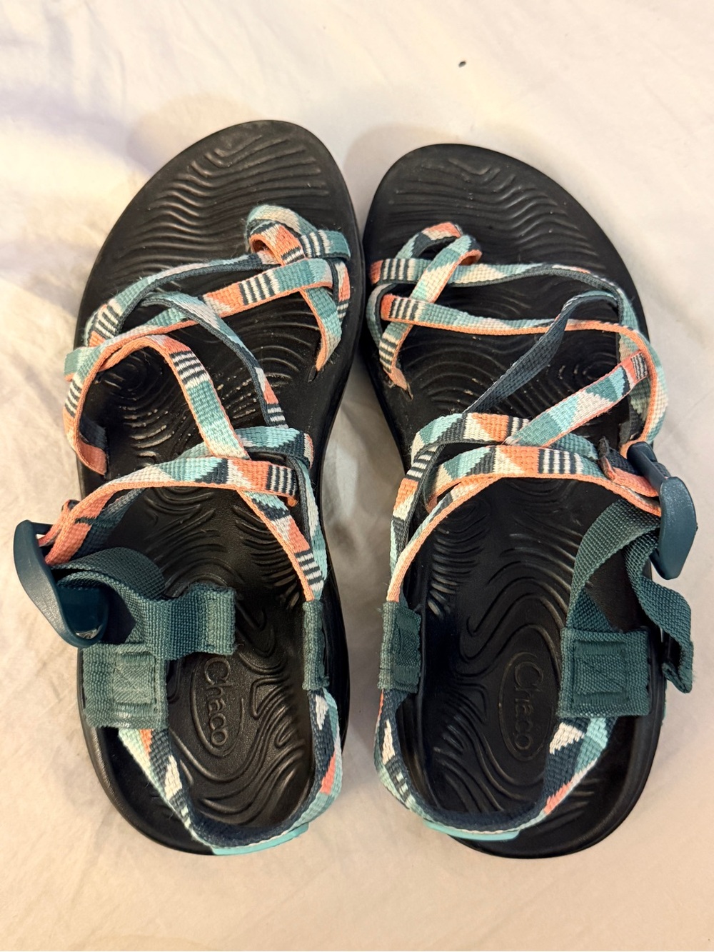 Chaco Teal and Coral Patterned Strappy Sandals